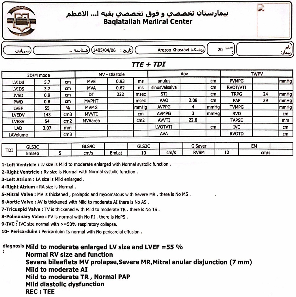 گزارش اکو پرولاپس شدید دریچه میترال همراه با نارسایی شدید دریچه میترال