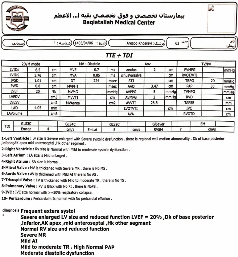 گزارش اکو کسر جهشی پایین (EF کاهش‌یافته)