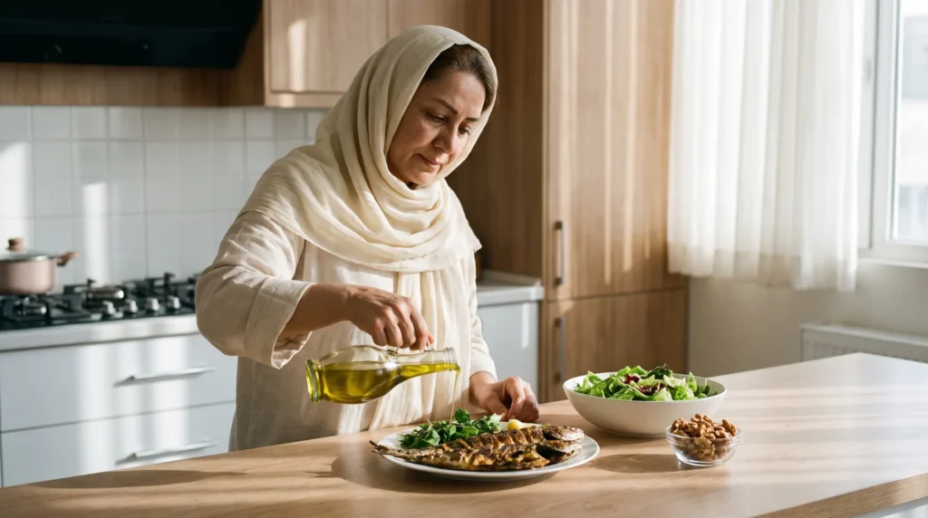 زن ایرانی در آشپزخانه در حال آماده کردن غذای سالم با ماهی و سبزی و روغن زیتون برای کاهش چربی خون