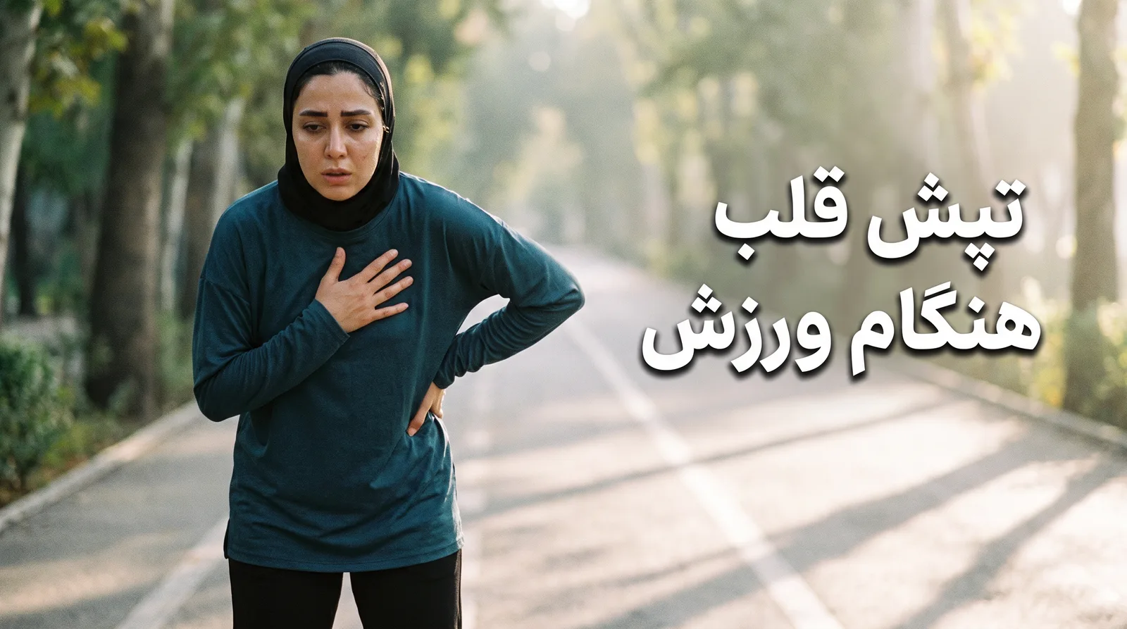 علت تپش قلب و تنگی نفس هنگام ورزش؛ خانمی که وسط دویدن ایستاده و دست روی قفسه سینه گذاشته