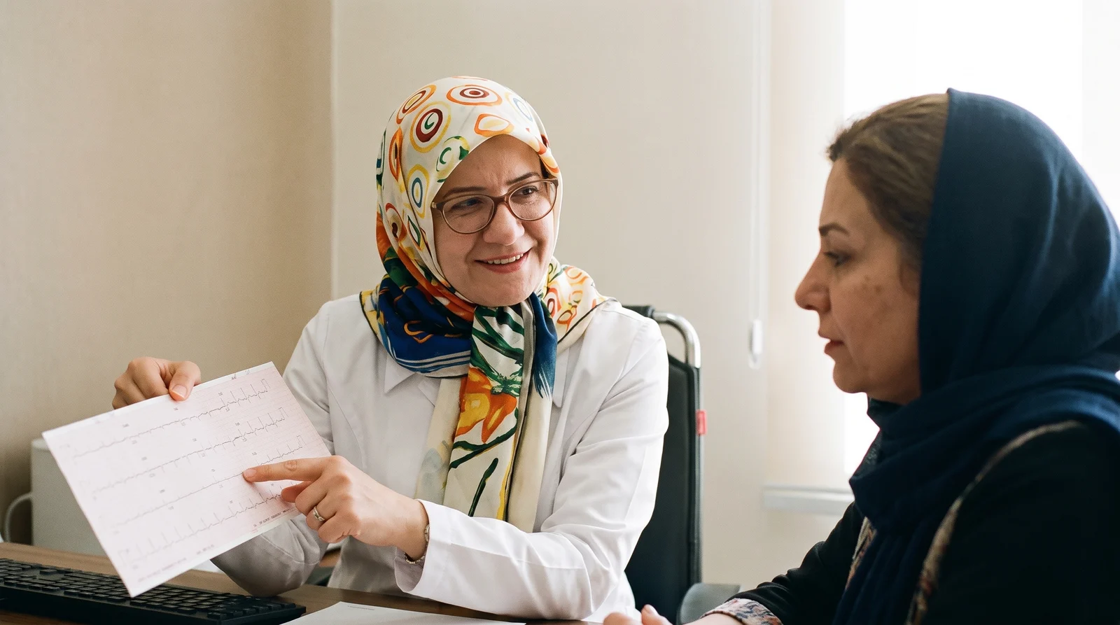 دکتر آرزو خسروی متخصص قلب خانم در مطب با بیمار گفتگو میکند