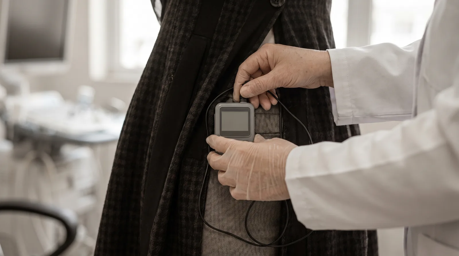 نصب دستگاه هولتر قلب روی لباس بیمار در مطب دکتر آرزو خسروی