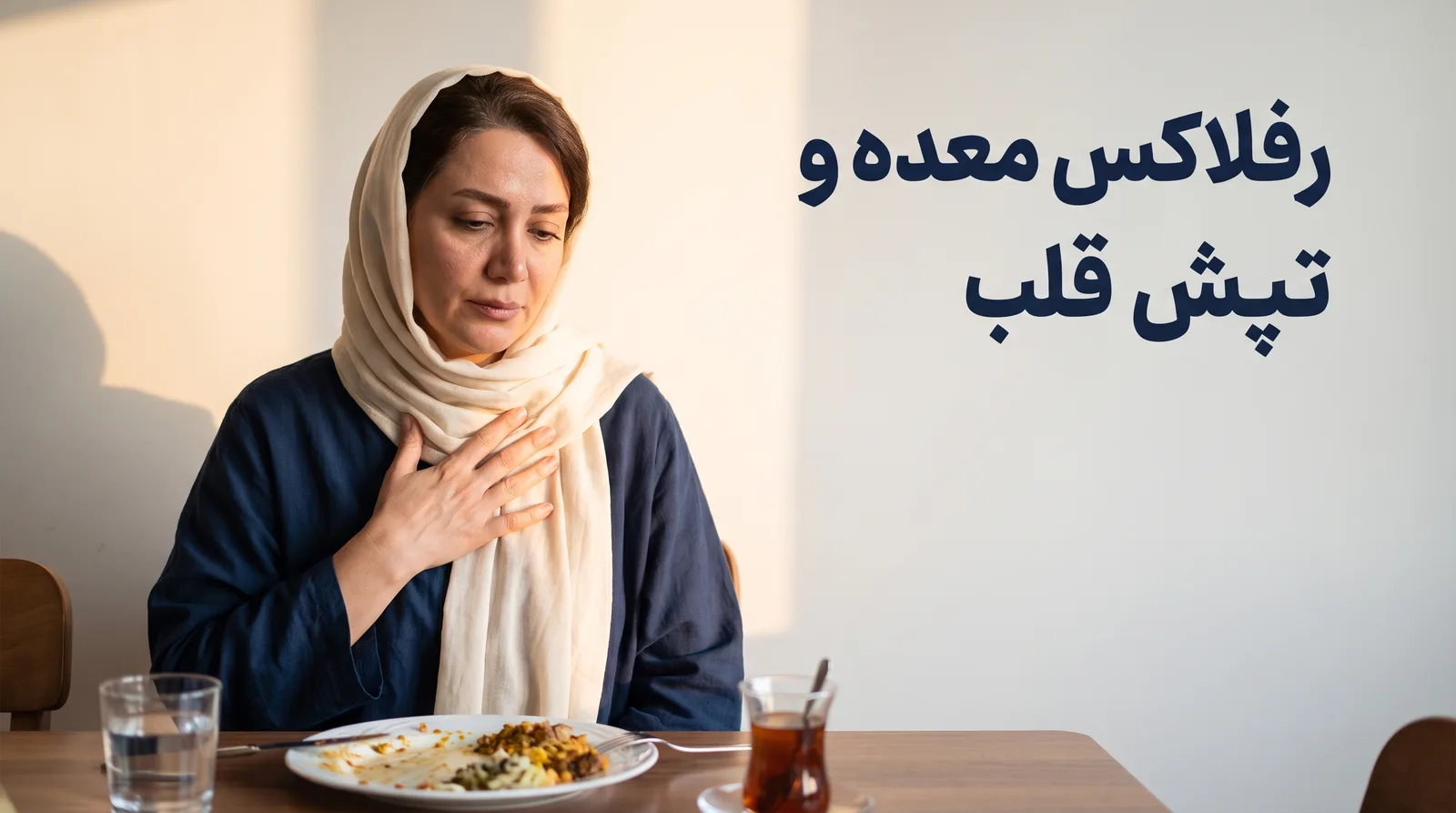 رفلاکس معده و تپش قلب؛ خانمی که بعد از غذا دست روی قفسه سینه گذاشته