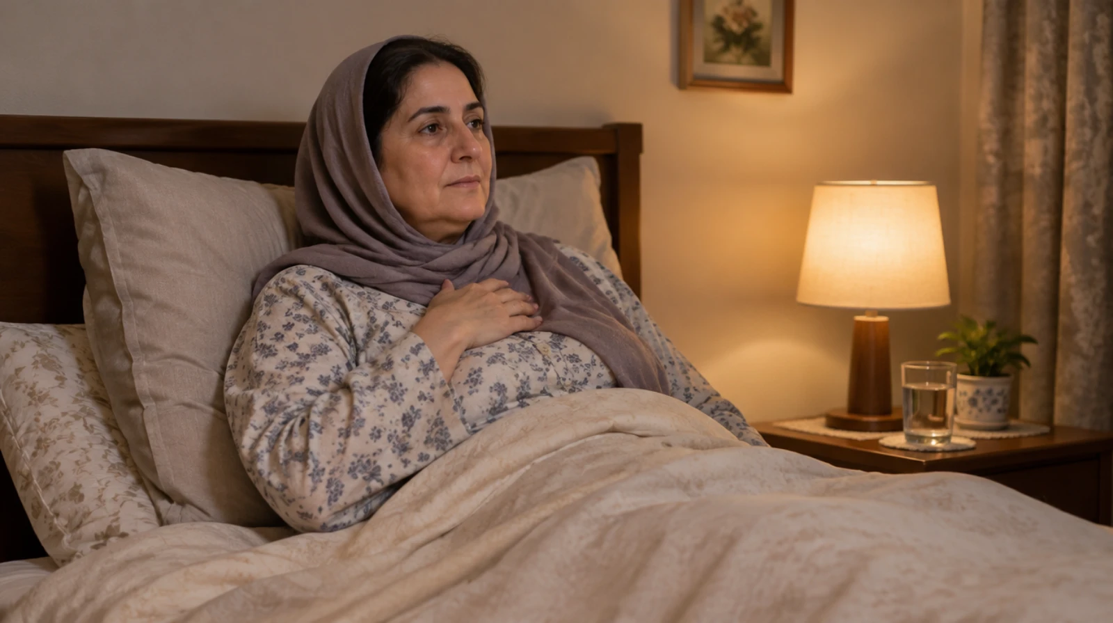 زن میانسال که شب در تخت بیدار است و دستش را روی قفسه‌ی سینه گذاشته؛ سرفه و نفس‌تنگی شبانه
