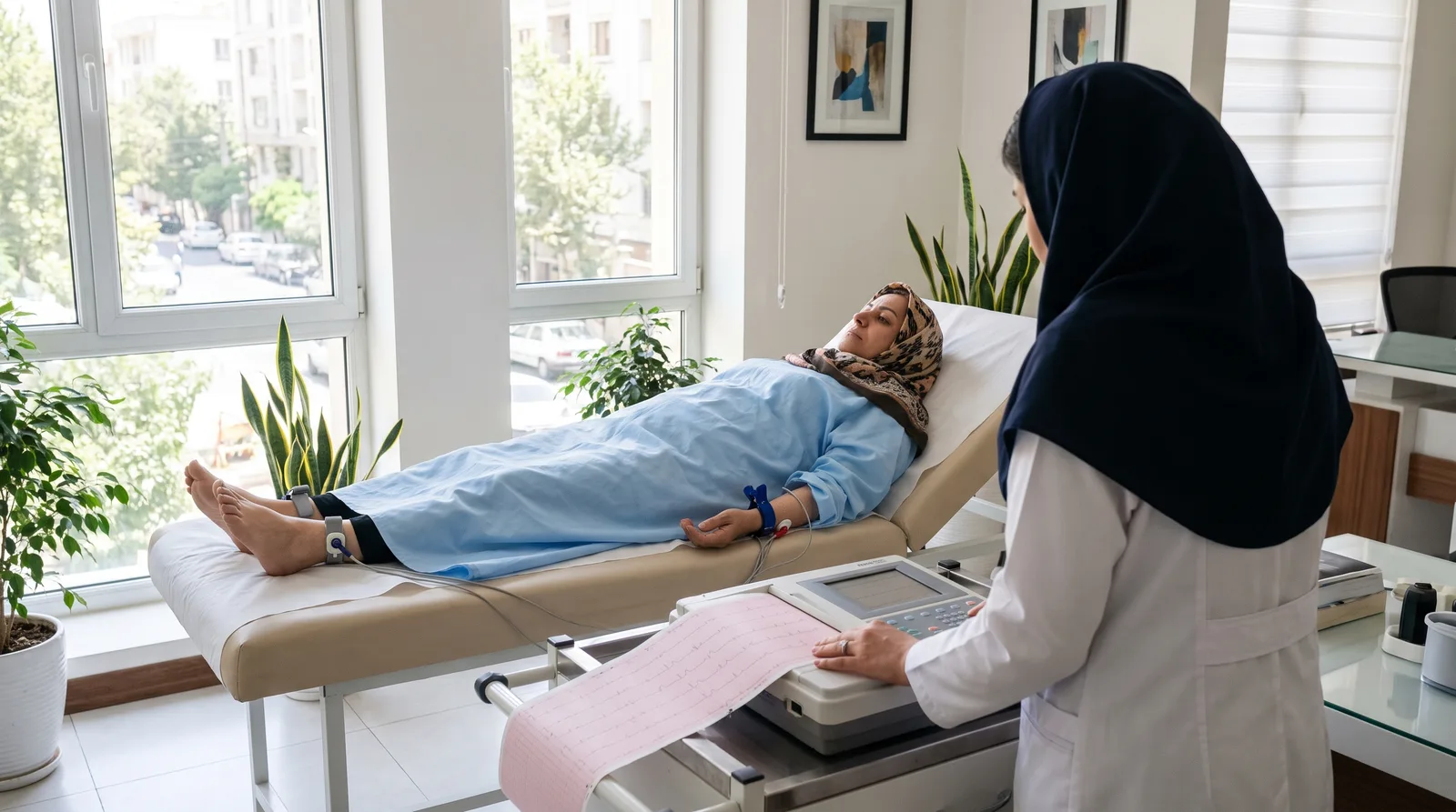 گرفتن نوار قلب از بیمار خانم در مطب دکتر قلب