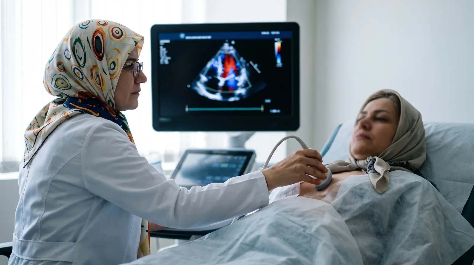 انجام اکوکاردیوگرافی برای یک بیمار خانم با رعایت پوشش کامل در مطب