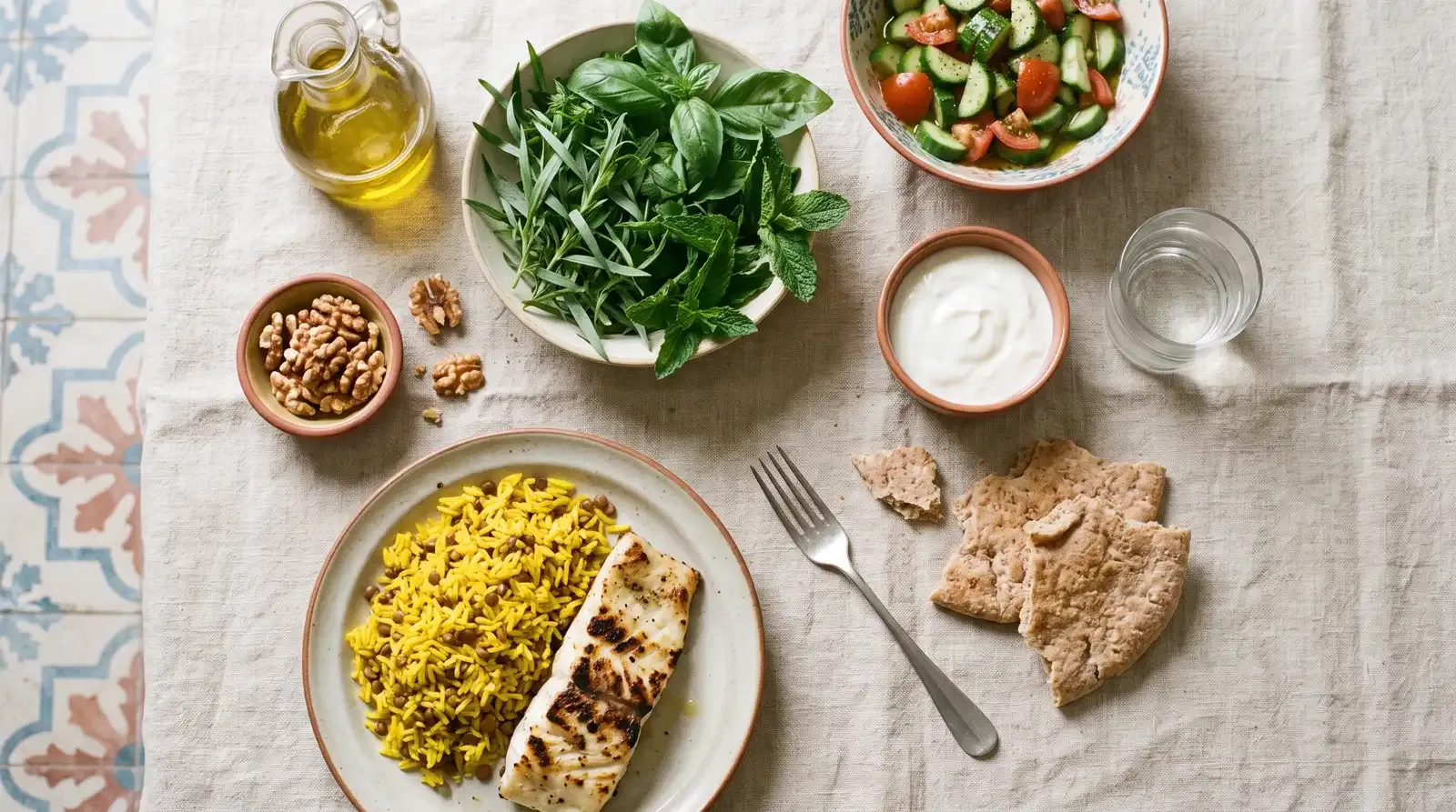 سفره‌ی غذای سالم قلب شامل ماهی کبابی، برنج با عدس، سبزی خوردن، گردو، ماست و روغن زیتون