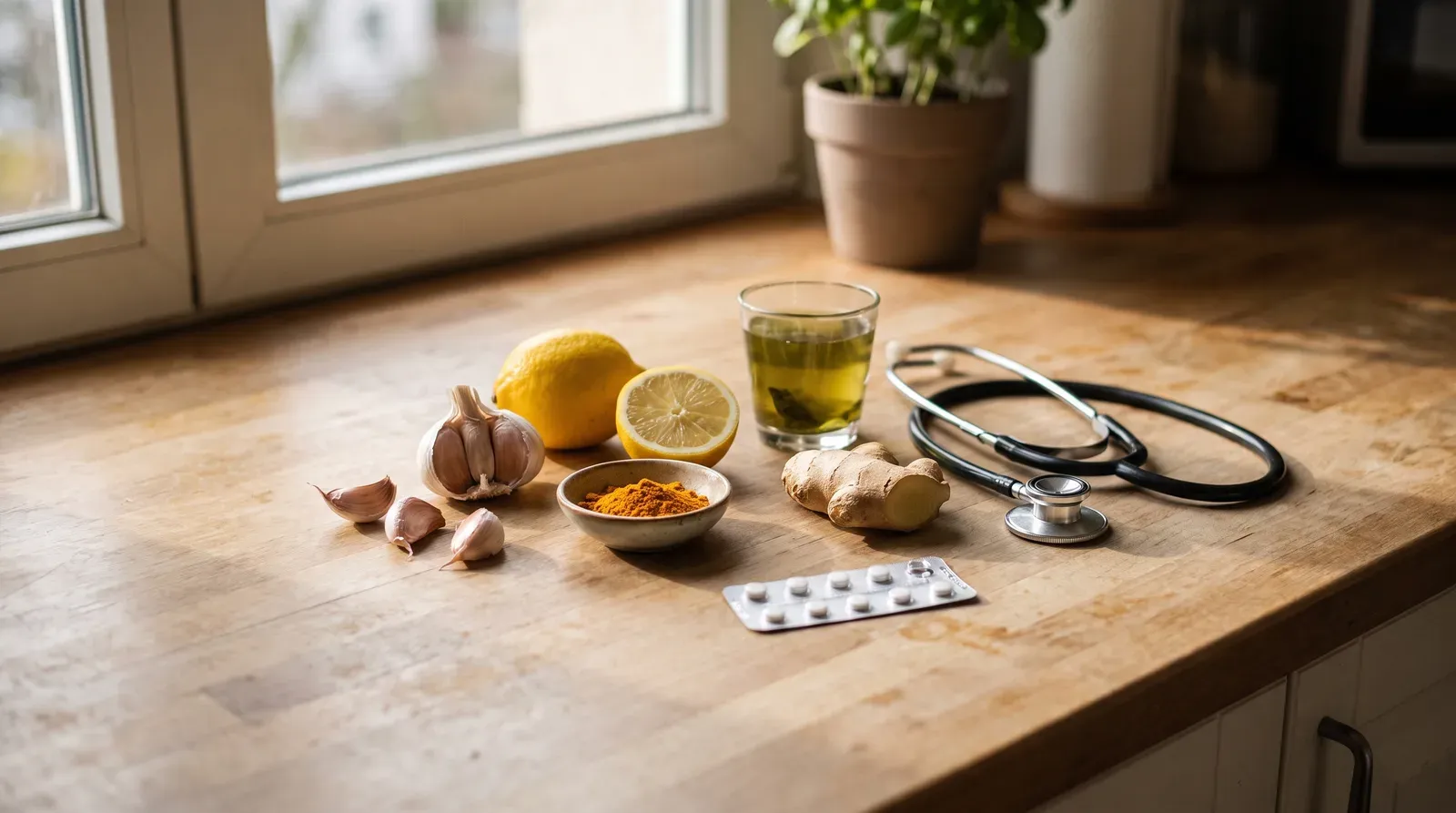سیر، لیمو، زردچوبه، زنجبیل و چای سبز در کنار گوشی پزشکی و بسته‌ی قرص