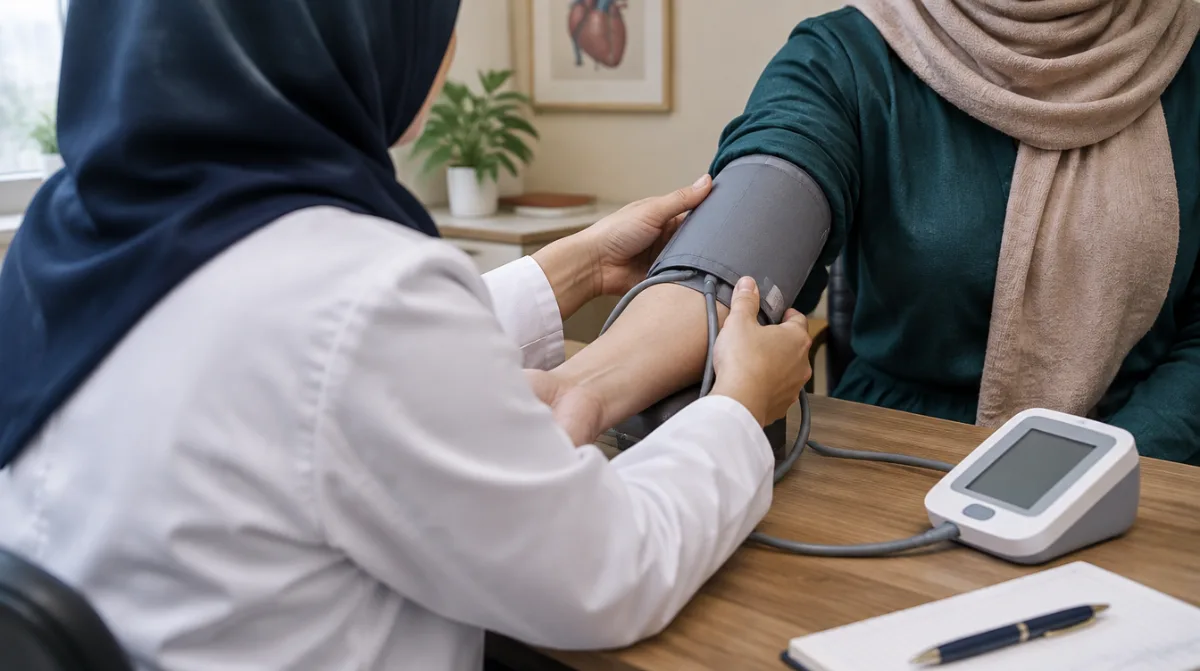 پزشک خانم در حال گرفتن فشار خون بیمار با فشارسنج بازویی در مطب