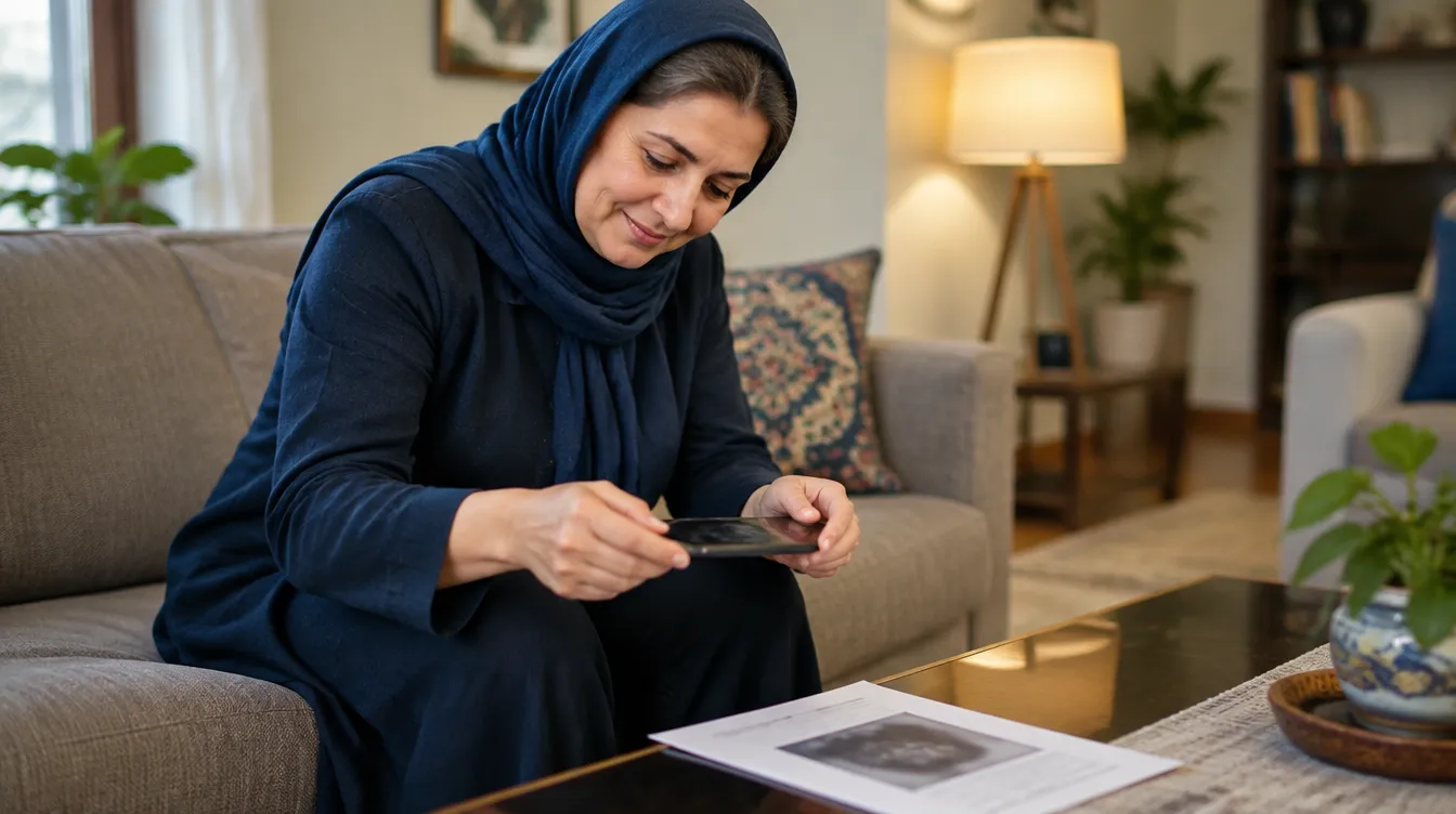 خانمی که جواب اکوکاردیوگرافی خود را روی میز گذاشته و با تلفن همراه برای پرسش آنلاین آماده میشود