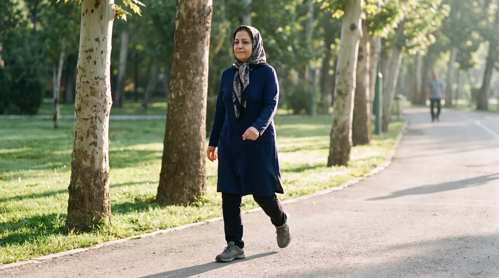 خانم میانسال با روسری و کفش ورزشی در حال پیاده‌روی صبحگاهی در پارک